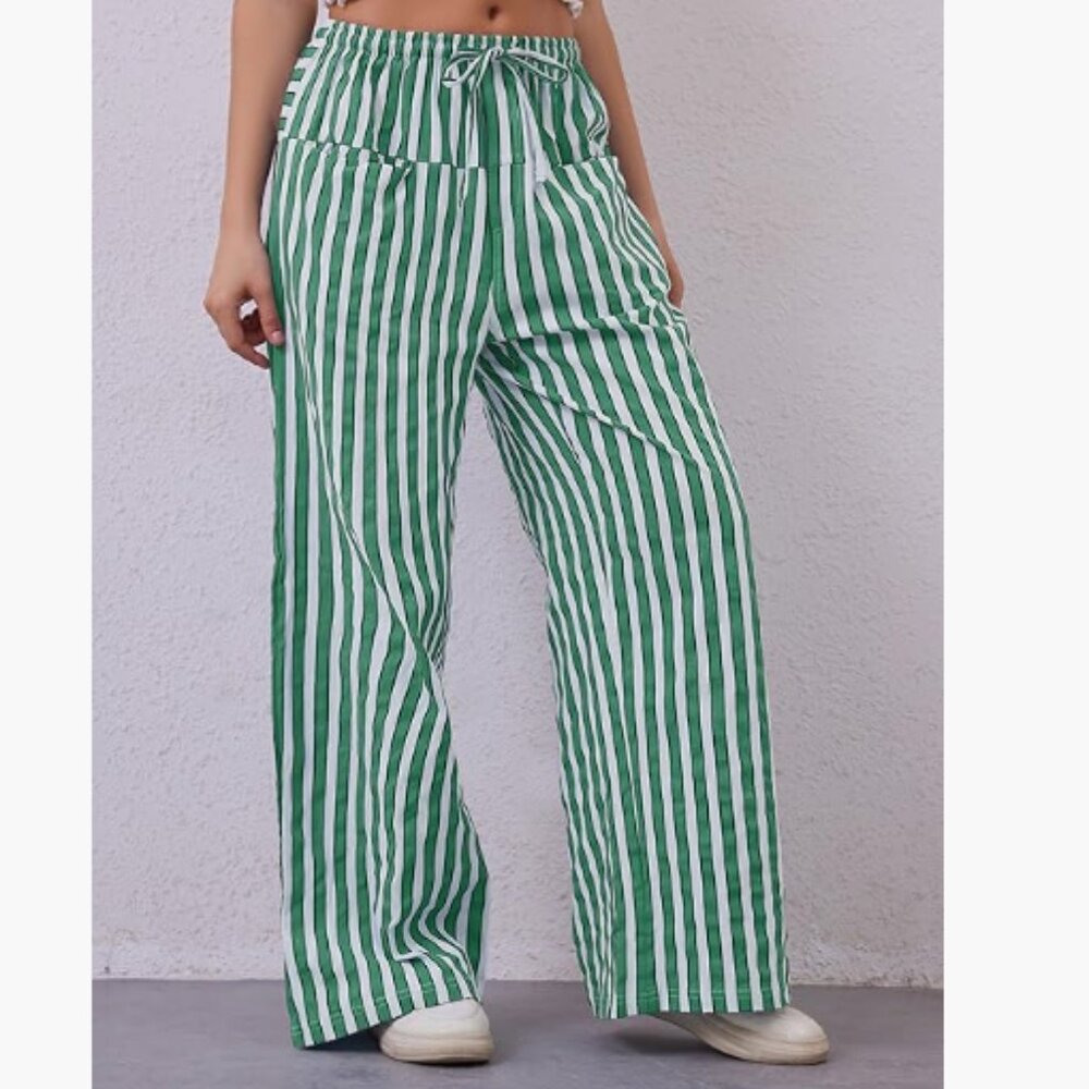 Striped Green Pants: Drawstring 100% Cotton, Size Large